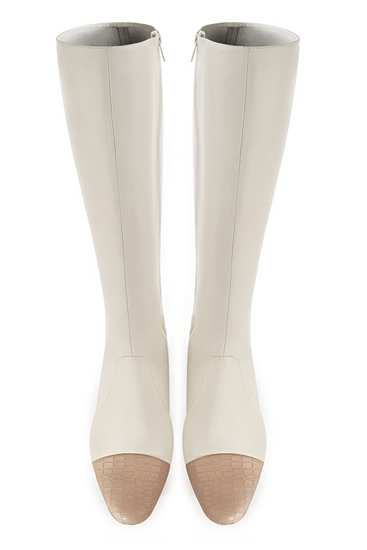 Tan beige and off white women's feminine knee-high boots. Round toe. Low block heels. Made to measure. Top view - Florence KOOIJMAN